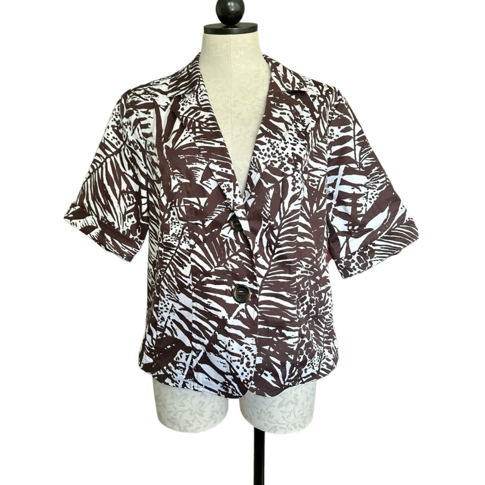 Coldwater Creek NEW Palm Print Jacket Short Sleeve Brown White 2 Button Size 14